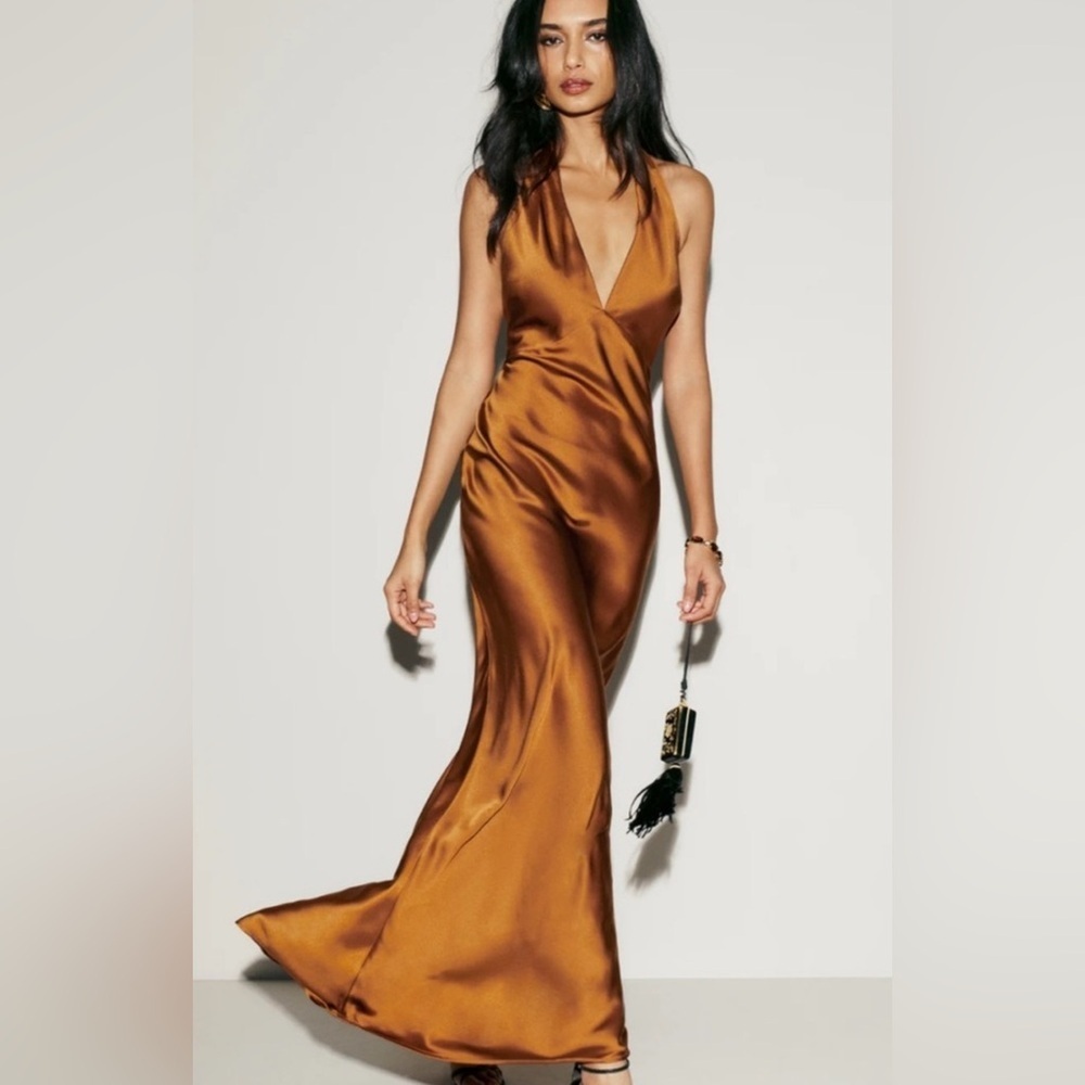 NEW Reformation Daniela Silk Maxi Deep V Dress - Copper